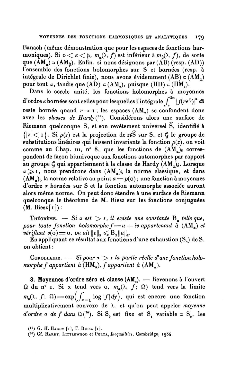 MOYENNES DES FONCTIONS HARMONIQUES ET ANALYTIQUES 179 Banach (même démonstration que pour les espaces de fonctions harmoniques).