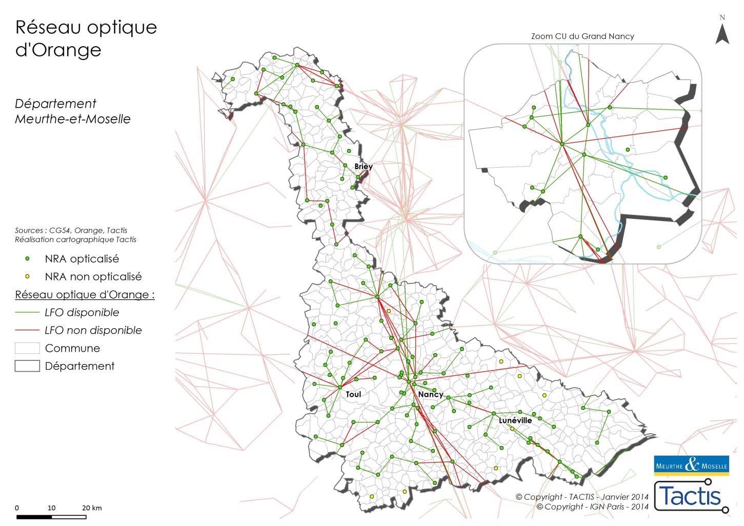 La carte suivante illustre l existence et la disponibilité de l offre de location de fibre optique Orange sur le département de Meurthe-et-Moselle : A fin 2012, les statistiques de disponibilité sont