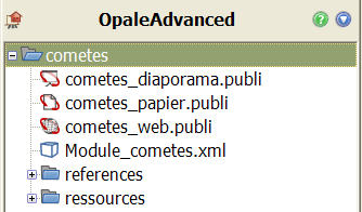 Pour illustration, voici ce que donne le module comètes déplié dans Opale Advanced. La structure des fichiers dans Opale Starter ne diffère pas beaucoup de ce qu'elle est dans Opale Advanced.
