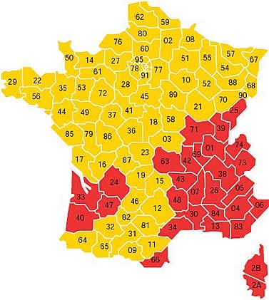Carte des foudroiements en France En rouge, les départements ou le risque est élevé (Nb de jours d orages/an >25).