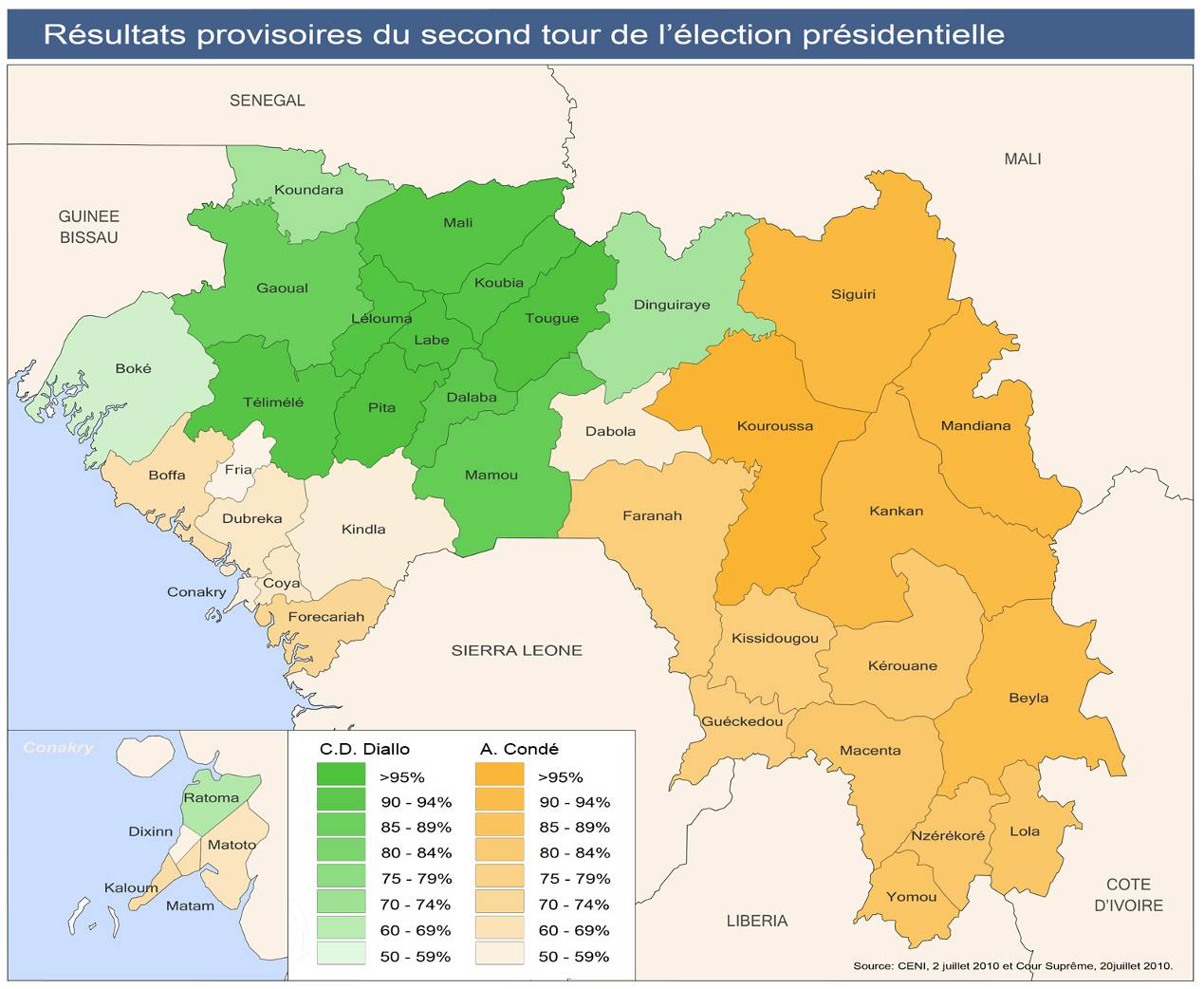 scores obtenus au premier tour par leur candidat et ceux ses principaux alliés Sidya Touré et Abé Sylla, respectivement 43,7%, 13,0% et 3,4% selon les résultats définitifs proclamés par la Cour