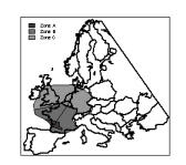 Figure 4. Subdivision du semi-corridor nord européen en 3 zones : A zone refuge, B et C zones périphériques.