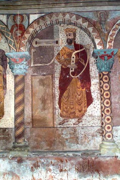 L église Saint-Laurent à Panjas, XIII e et XIX e siècles, Gers (classée en 2000). Décor peint d époque romane, très restauré : le roi David.