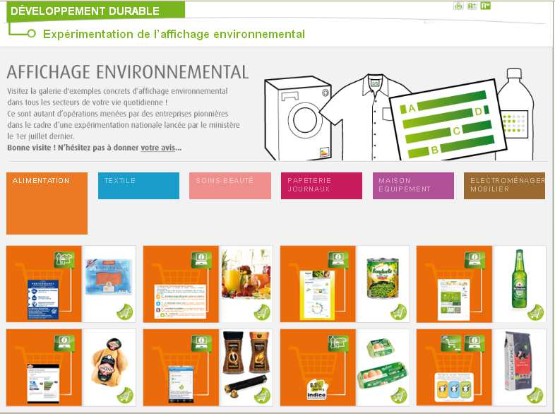 Figure 12 : page d accueil du site internet dédié à l expérimentation de l affichage environnemental Pour en savoir plus : Martin Bortzmeyer martin.bortzmeyer@developpement-durable.gouv.