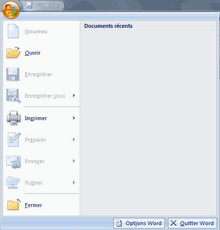 Microsoft Word 2007 Dans Microsoft Word 2007, le bouton Microsoft Office remplace le menu Fichier. Pour accéder au bouton Microsoft Office, dites «Bouton Office».