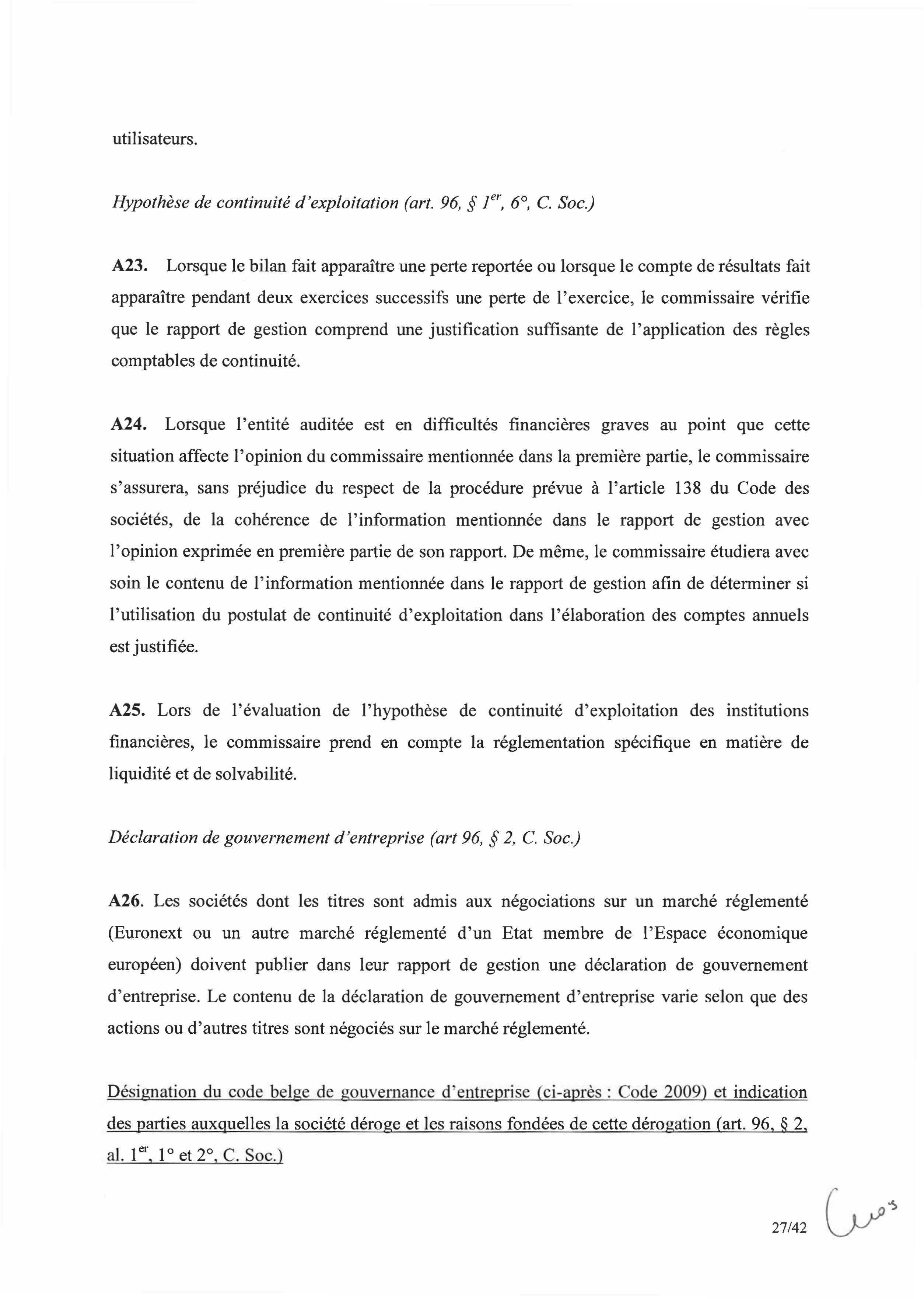 utilisateurs. Hypothèse de continuité d'exploitation (art. 96, I", 6, c. Soc.) A23.