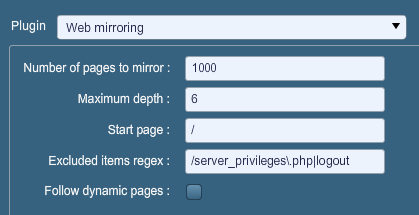 «Web Mirroring» (Mise en miroir Web) règle les paramètres de configuration pour l'utilitaire de mise en miroir du contenu de serveur Web natif de Nessus.