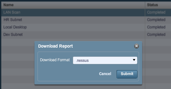 Les rapports peuvent être téléchargés dans l'un de ces quatre formats : Option.nessus.