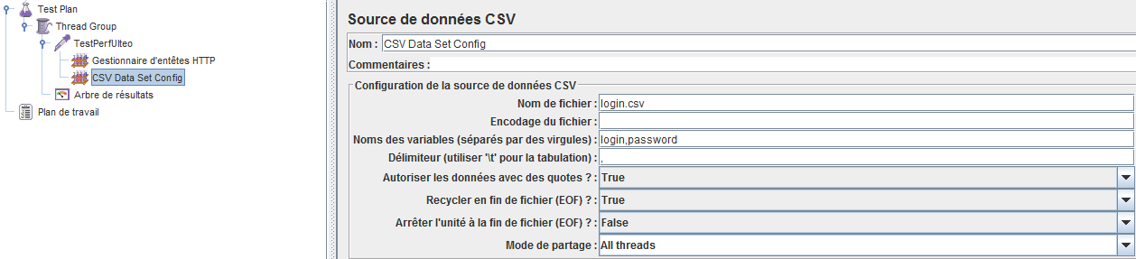 Une fois le fichier crée et enregistré, retourner sur l interface de l outil JMeter et ajouter une source de donnée CSV à