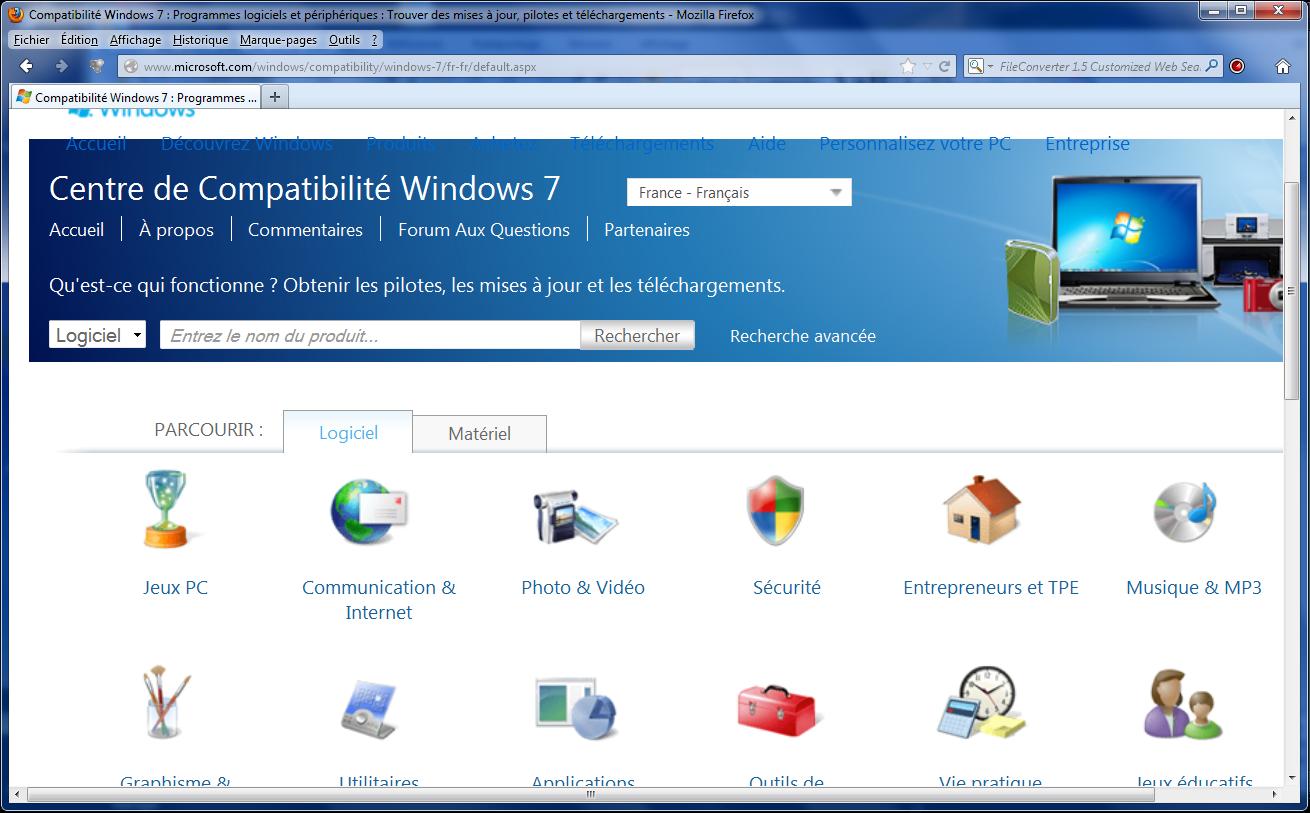 1.1 - Centre de Compatibilité Windows 7 Le site Centre de Compatibilité Windows 7 permet de vérifier la compatibilité sur toutes les catégories de logiciel (jeux, utilitaires, vie pratique, jeux