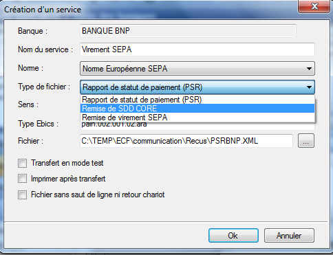 Nom du service : Virement / Prélèvement SEPA Norme : Norme Européenne SEPA Type de fichier : Virement = Remise de virement SEPA Prélèvement = Remise de SDD CORE Sens