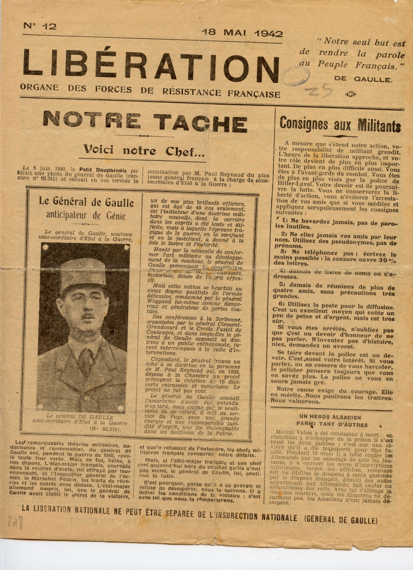 Partie 2 : l homme du 18 juin, chef de la Résistance française Photographie du général de Gaulle en première page de Libération, n 12, 18 mai 1942 (coll. Musée de la Résistance nationale).