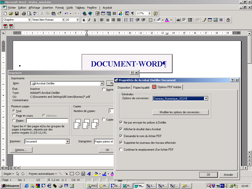 Utilisation d Acrobat Distiller A partir de votre application native (Quark Xpress, Adobe FrameMaker, Microsoft Word ), générer le fichier PDF en imprimant via l'imprimante virtuelle "Acrobat