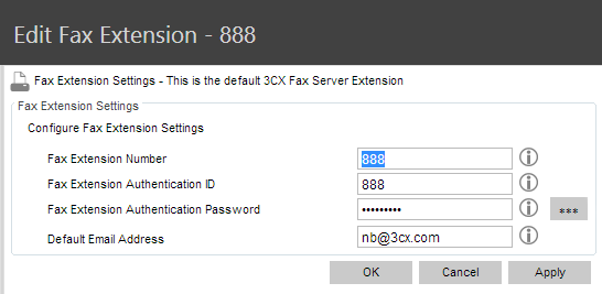 La page Fax, dans la console d administration liste toutes les extensions de fax connues, y compris l extension utilisée par le serveur de fax 3CX.