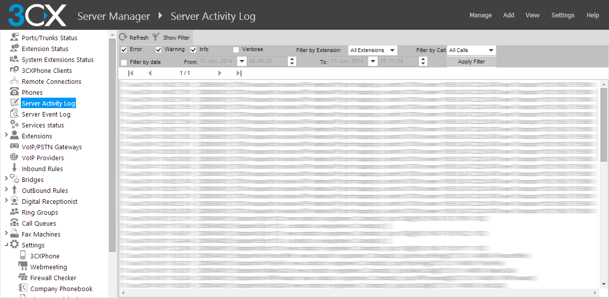 Capture d écran - Log d activité du 3CX Phone System Surveillez également la page Logs du serveur pour dépanner.