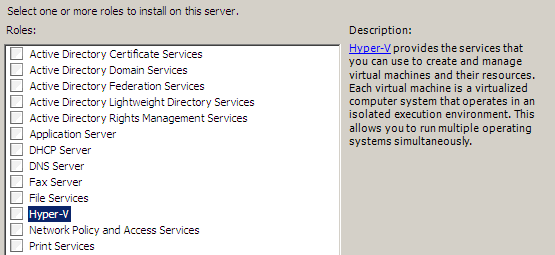 - Dans la fenêtre «Select Server Roles», cliquez sur «Hyper-V» et vérifiez que vous n avez plus le message suivant : Votre
