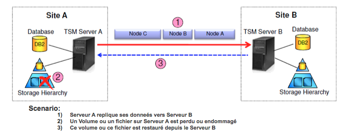 «Fail-over» automatique pour la fonction de réplication de node : le client connait le 2e serveur TSM, et s y connecte seul en cas de défaillance du serveur principal.
