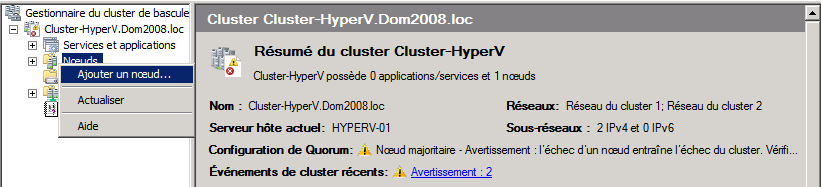 Spécifier un nom et une adresse IP pour le cluster ex : Nom «Cluster-HyperV» Adresse 192.