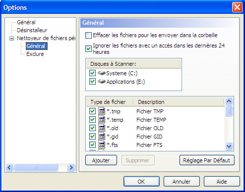 6.3. Nettoyeur de Fichiers Périmés Général Envoyer les fichiers à la Corbeille si cette option est active, tous les fichiers périmés seront envoyés dans la Corbeille.