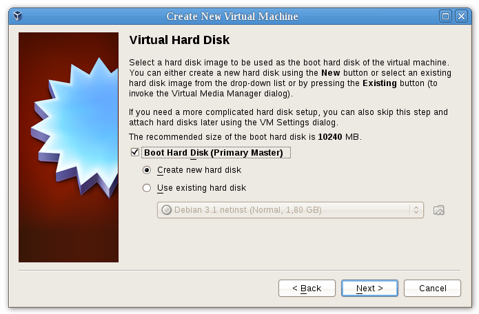 1 Premiers pas Vous avez alors les choix suivants : Pour créer un nouveau disque dur virtuel vierge, appuyez sur le bouton Nouveau. Vous pouvez utiliser un fichier image de disque existant.