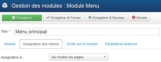 3 ) Encodez un titre pour le module, sélectionnez le menu devant être affiché dans ce module, demandez que le titre du