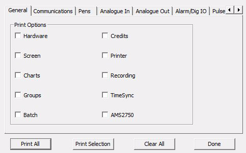 Paramètres d'impression (Printing Setups) Sélectionnez le bouton de l'enregistreur à gauche. Cliquez ensuite avec le bouton droit de la souris sur l'enregistreur avec la configuration à imprimer.