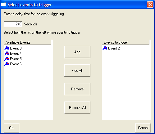 Si un événement est sélectionné comme effet, la boîte «Sélection de l'événement à déclencher (Select events to trigger)» s'ouvre. Dans la Figure 6.