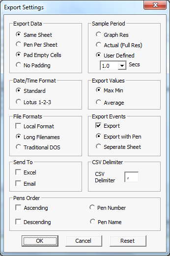 Paramètres d'exportation (Export Settings) Exportation de données (Export Data) Même feuille (Same Sheet) - Exporte les données de toutes les plumes vers une seule feuille de calcul.