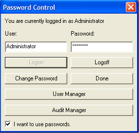 Mots de passe Uniquement disponible à partir de TrendServer. La configuration de mots de passe permet à l'utilisateur de restreindre l'accès à certaines parties du programme.