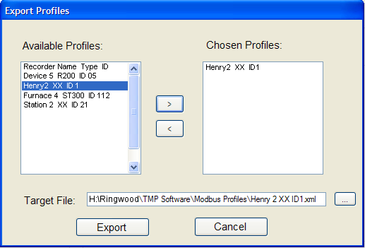 Transfert de profils Modbus d'un système à un autre Exportation de profils Modbus Sélectionnez Exporter profil(s) (Export Profiles(s)) dans la liste déroulante Fichier (File) pour ouvrir la fenêtre