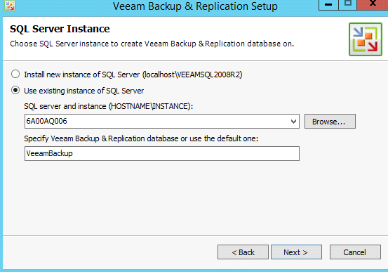 Renseigner l'emplacement de la base SQL où sera hébergée la base de données de Veeam.