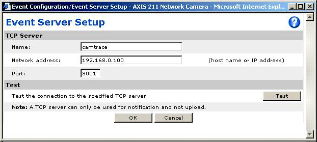 Si on choisit le mode TCP Pour faire fonctionner ce mode, il faut paramétrer la caméra Axis en déclarant un serveur TCP comme illustré dans Event Server Setup.