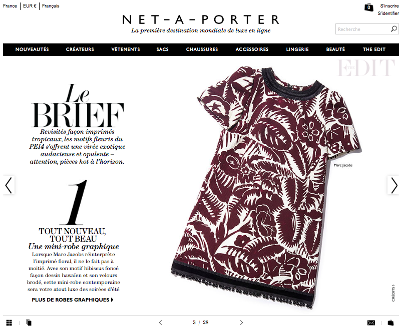 19 12 Enseignements des sites e-commerce leaders Net-a-porter présente dans un contenu éditorial une robe qui fait partie de ses références produits.