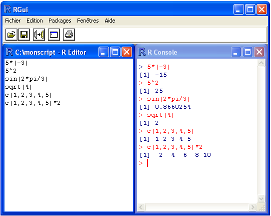 18 Le logiciel R - Maîtriser le langage Fig. 1.1: Vue de la fenêtre de script et de la console de commandes.