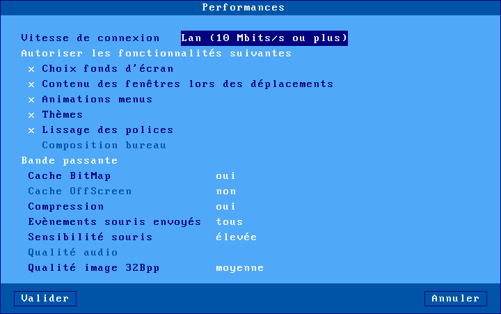 Mise en œuvre sous Windows 5.1.7 - Performances La boîte suivante est affichée : Le premier paramètre permet de fixer la "Vitesse de connexion".