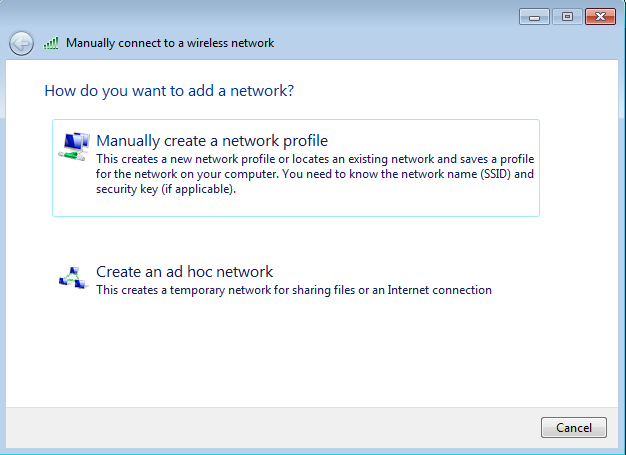 4. Choisissez soit : Manually Create a Network (Créer un réseau