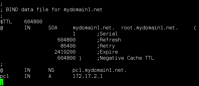 5.3 Configuration du fichier named.conf.local Nous allons créer une nouvelle zone mydomain1 sur laquelle nous avons autorité (master). Le fichier db.mydomain1.net contiendra les déclarations.