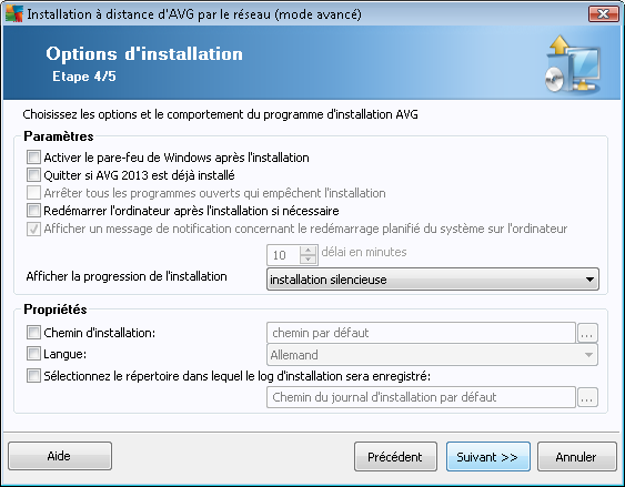 Dans la section Paramètres d'installation, vous pouvez sélectionner les options suivantes : Activer le pare-feu de Windows après l'installation si vous n'envisagez pas d'installer le pare-feu AVG, il
