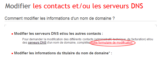 net, rubrique Espace Registrar (1), puis cliquez sur Modifier les contacts et/ou les serveurs DNS (2).