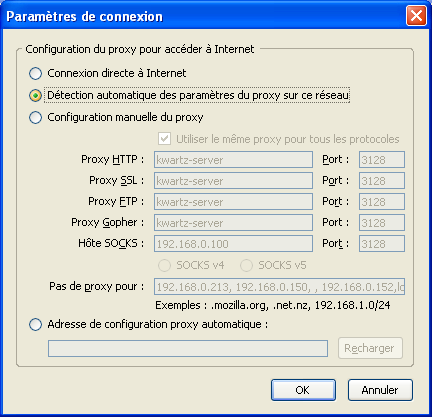 5.2.1.2.1. Configuration automatique Pour l'activer, il suffit de cocher l'option Détection automatique des paramètres du proxy sur ce réseau 5.2.1.2.2. Configuration manuelle Vous pouvez configurer