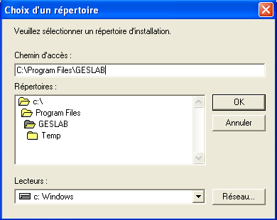 Si le chemin d installation ne correspond pas à C:\Program Files\GESLAB, cliquez sur le bouton «Parcourir».
