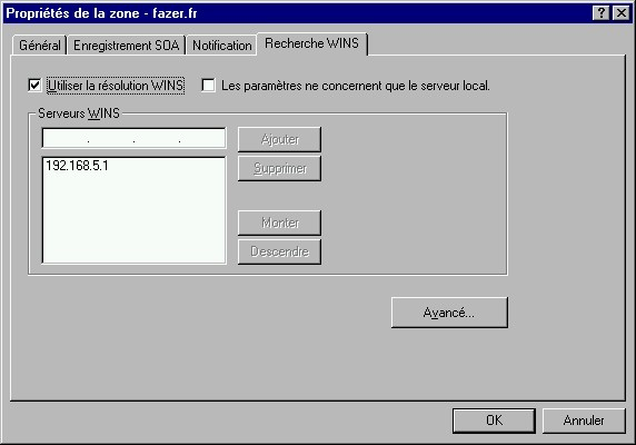 Résoudre les noms avec WINS Dossier IRQ75 BTS 2001 Pour ce faire il faut au moins un serveur WINS en activité. La recherche WINS doit être activée dans la base de données de la zone.