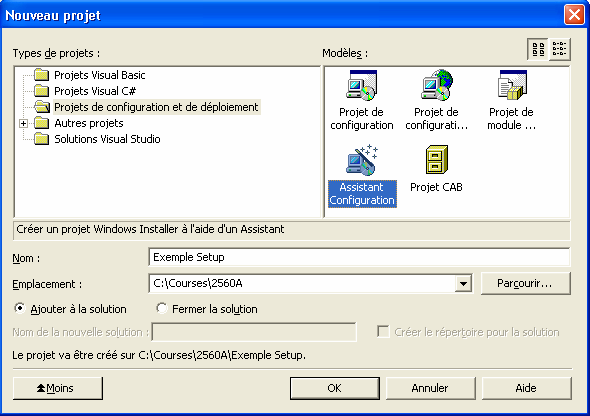 8 Module 12 : Déploiement d'applications Choix du type de projet Projet de configuration! Crée un fichier Windows Installer (fichier.msi) Projet de configuration Web!