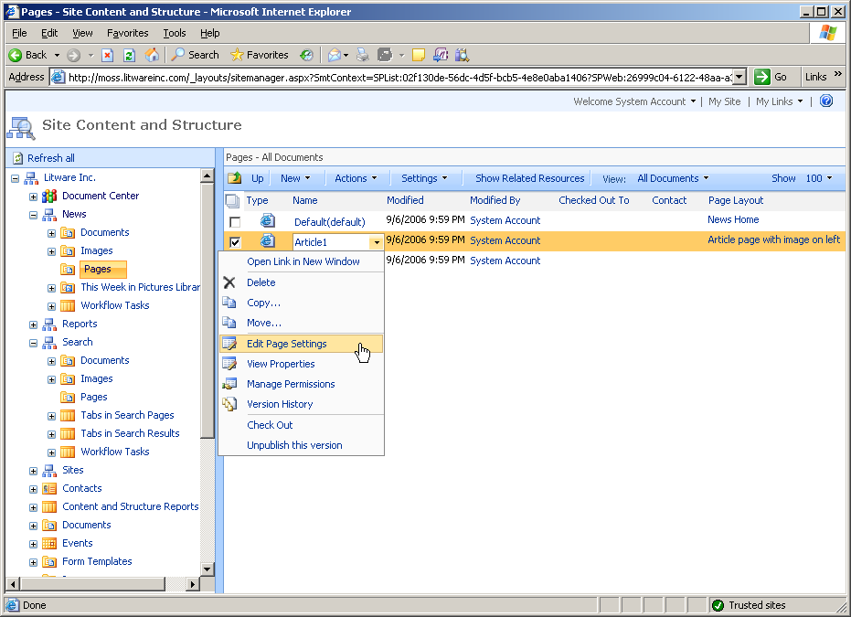 Office SharePoint Server 2007 résout ce problème avec la page Contenu et structure du site, également connue sous le nom Gestionnaire de site.