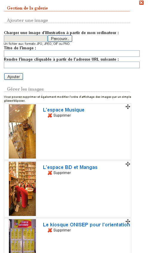 Modifier ou supprimer toute ou partie d une galerie d images Documentation e-sidoc Pour supprimer une image d une galerie, cliquer sur «Publier du contenu» puis «Galerie d images».