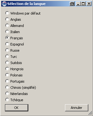 Sélection de la langue : Ce menu vous permet de sélectionner la langue de votre choix (pour chaque utilisateur).