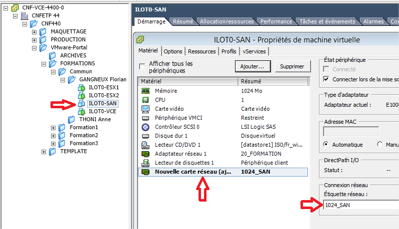 Redémarrer la machine ILOTx-SAN et paramétrer l adresse IP pour la carte réseau nouvellement ajoutée : Adresse IP : 10.18.2x.33 Masque : 255.
