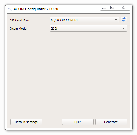 1. Insérez la carte SD dans un ordinateur et exécutez le programme Xcom Configurator qui s y trouve. La fenêtre suivante s'ouvre : 2.