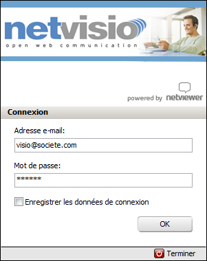 Organiser une réunion en ligne Connexion Démarrez le programme depuis l icône Netviewer Meet Saisissez l adresse e-mail et le mot de passe fournis par