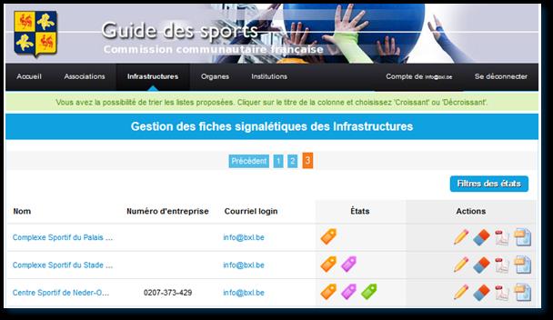 2. Ecran de gestion du «Guide des sports à Bruxelles», après vous être connecté.